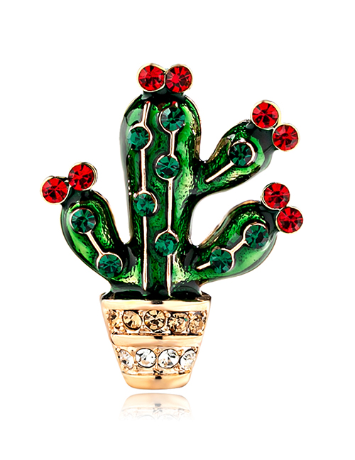 Fashion Color Alloy Drop Oil Studded Cactus Brooch