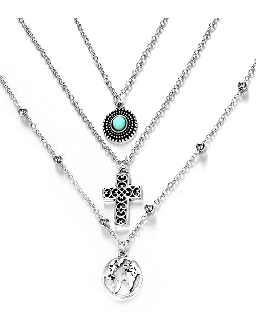 Fashion Silver Cross World Map Turquoise Three-layer Necklace