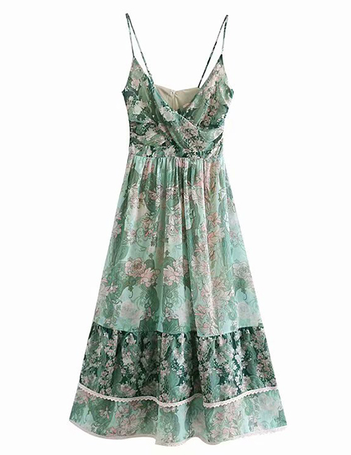 Fashion Green Lace Floral Print Sling Dress