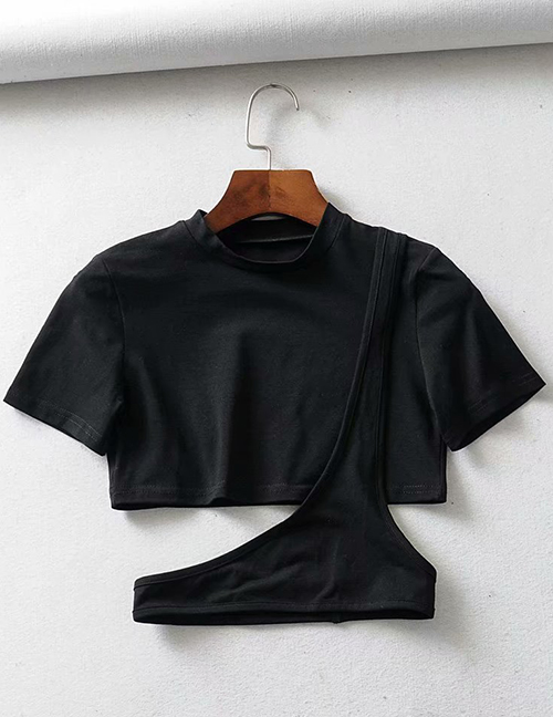 Fashion Black Hem Stitching Round Neck T-shirt