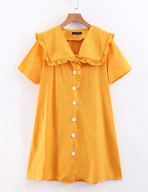 Fashion Yellow Ruffled Single-breasted Dress