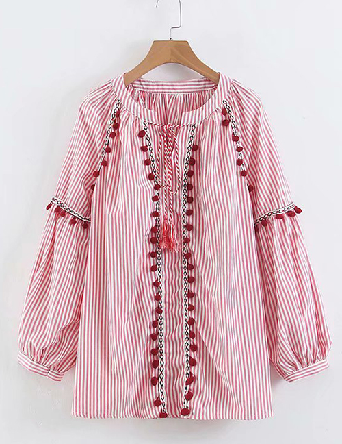 Fashion Pink Striped Ball Stitching Lace-up Shirt