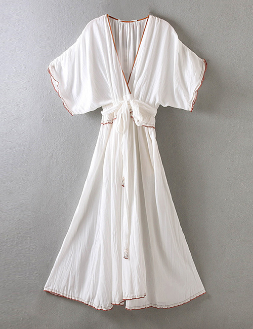 Fashion White Contrast-trimmed V-neck Lace-up Dress