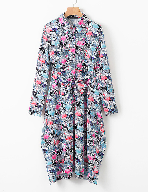 Fashion Gray Blue Crane Flower Print Lace Dress