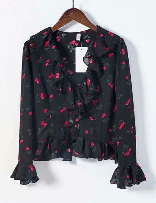 Fashion Black V-neck Ruffled Flower Print Shirt