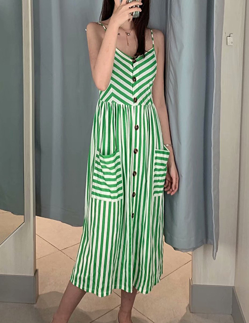 Fashion Green Striped Sling Single-breasted Halter Dress