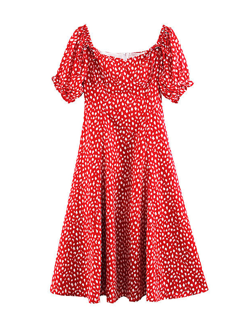 Fashion Red U Collar Puff Sleeve Print Dress