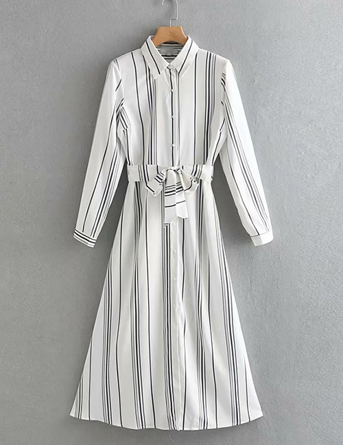 Fashion White Striped Lace-up Lapel Single-breasted Dress