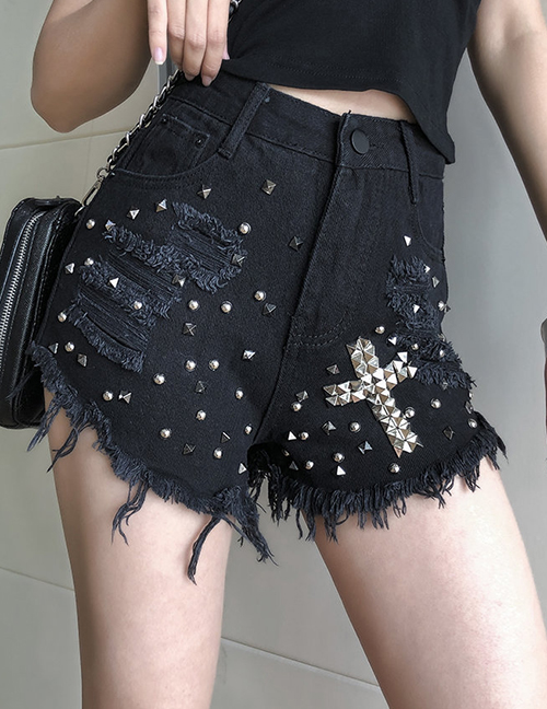 Fashion Black Washed Star Beads Stitching Hole Cross Denim Shorts