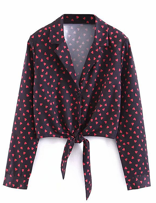 Fashion Black Heart Button Front Knotted Shirt