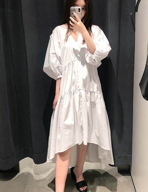 Fashion White Stitching Lantern Sleeve V-neck Dress