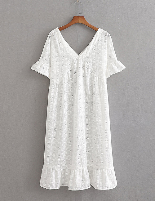 Fashion White V-neck Pleated Hem Dress