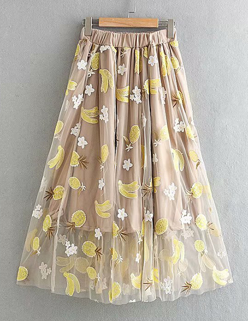 Fashion Khaki Fruit Embroidered Mesh Skirt