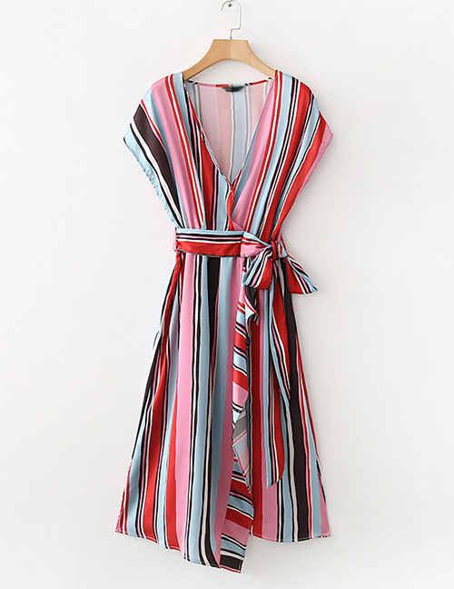 Fashion Color Striped Lace V-neck Dress