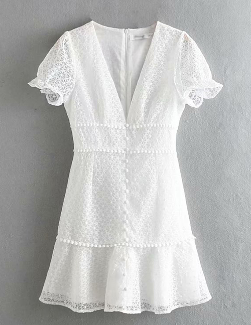 Fashion White Embroidered Single-breasted V-neck Dress
