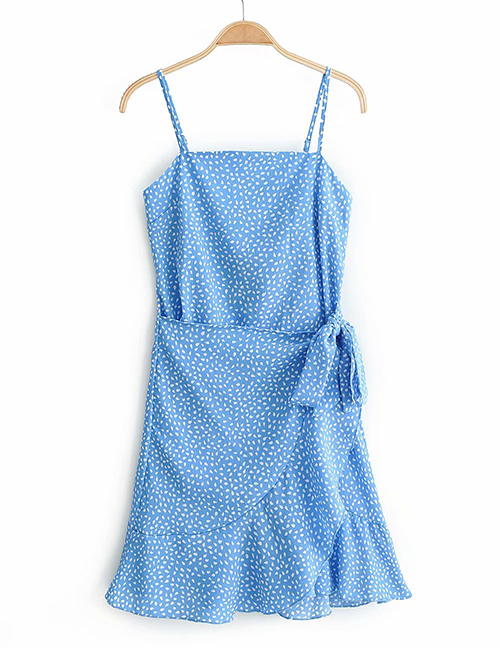 Fashion Blue Floral Print Sling Ruffled Lace Dress