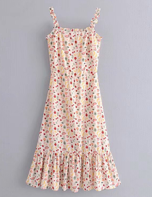 Fashion Pink Fruit Printed Wood Ear Pleated Lace Sling Dress