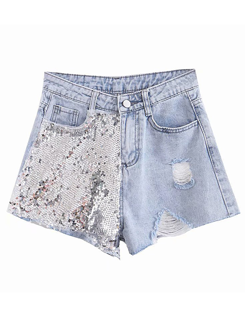 Fashion Blue Shredded Hole: Sequined Denim Shorts