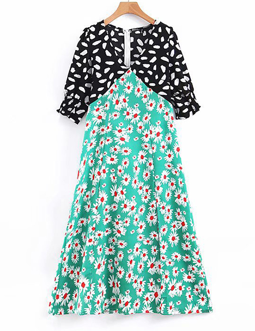Fashion Green + Black V-neck Color Matching Floral Print Dress