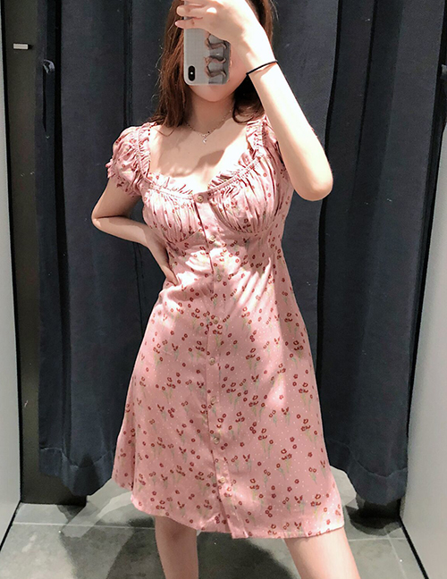 Fashion Pink Contrast Floral V-neck Dress