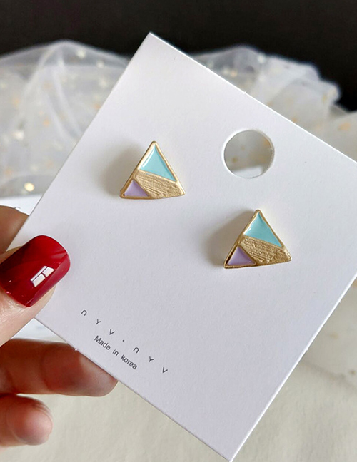 Fashion Blue Stitching Glazed Triangle Stud Earrings
