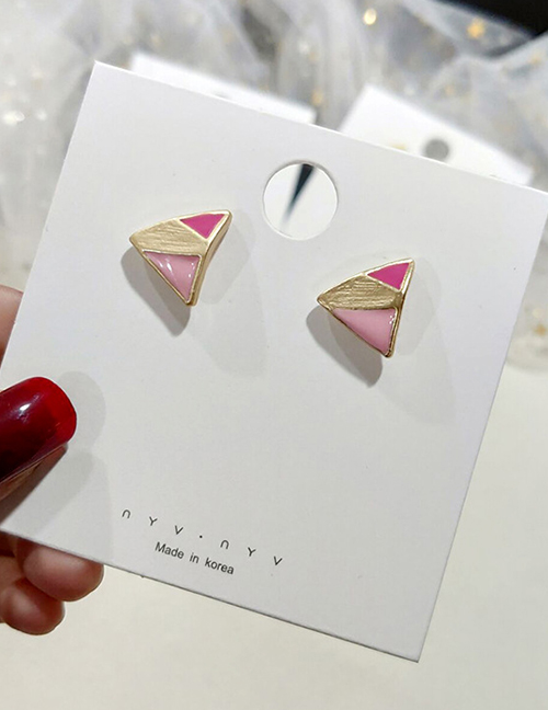 Fashion Pink Stitching Glazed Triangle Stud Earrings