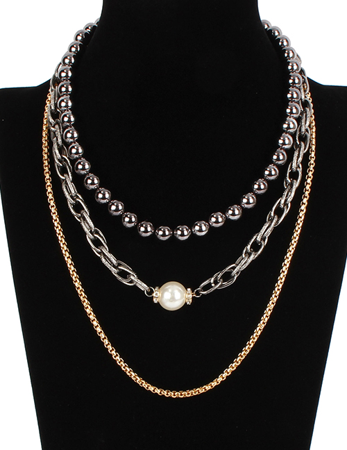 Fashion Gold + Gun Color Imitation Pearl Thick Iron Chain Three-layer Integrated Necklace