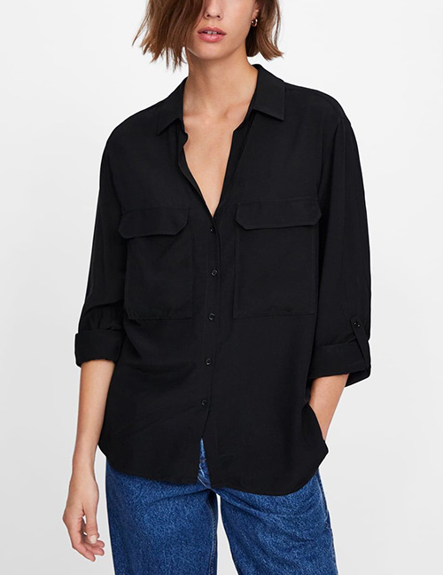 Fashion Black Pocket V-neck Buttoned Shirt