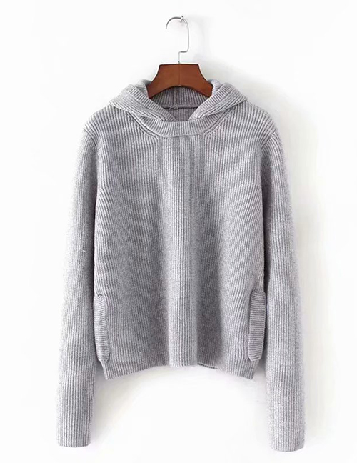 Fashion Gray Core Yarn Hooded Sweater