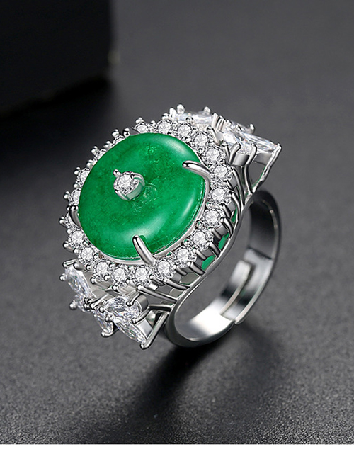 Fashion Silver Round Green Chalcedony Ring