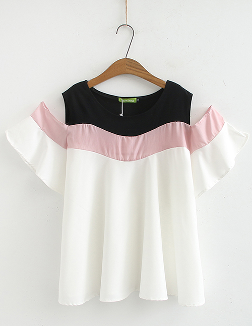 Fashion White Colorblock Horn Sleeve Off-shoulder Bottoming Shirt