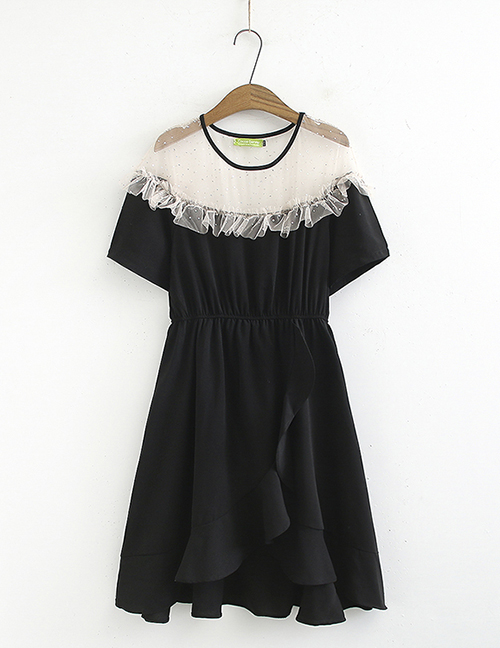 Fashion Black Lace Mesh Yarn Stitching Ruffled Dress