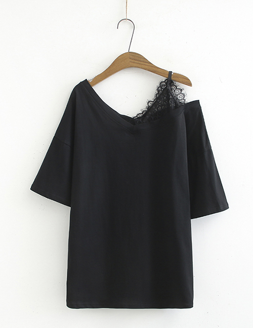 Fashion Black Small V-neck Lace Stitching Off-shoulder T-shirt