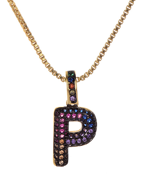 Fashion P Gold Copper Inlaid Zircon Letter Necklace