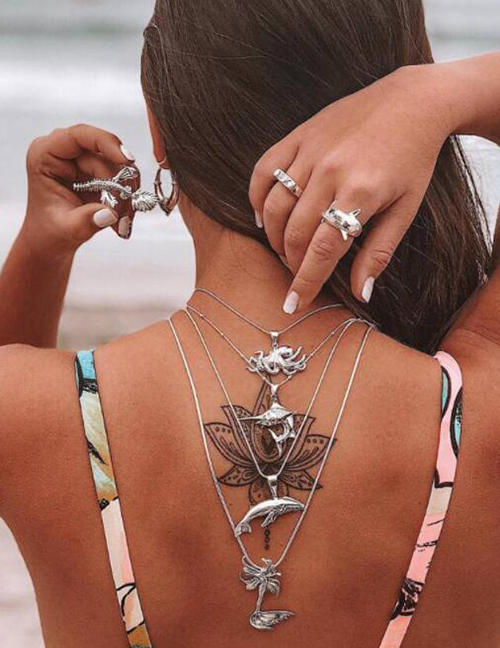 Fashion Silver Italian Spider Whale Shark Mermaid Multi-layer Necklace