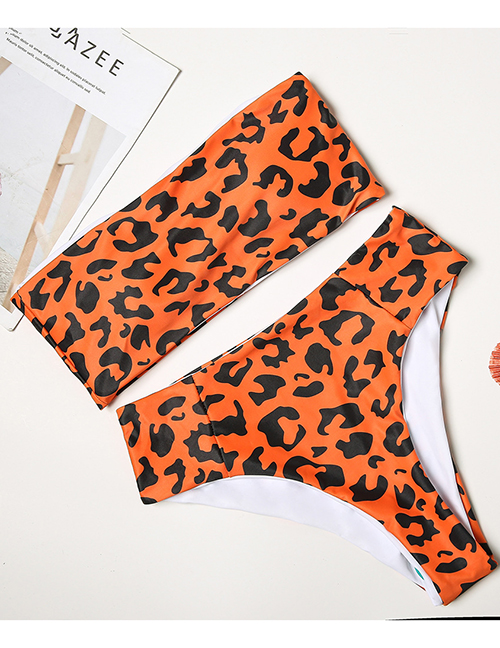 Fashion Orange Leopard Tube Top High Waist Split Swimsuit