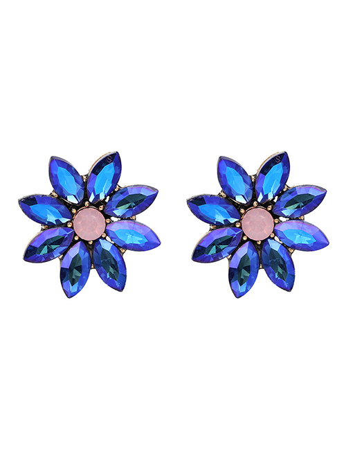 Fashion Dark Blue Color Diamond Flower Earrings
