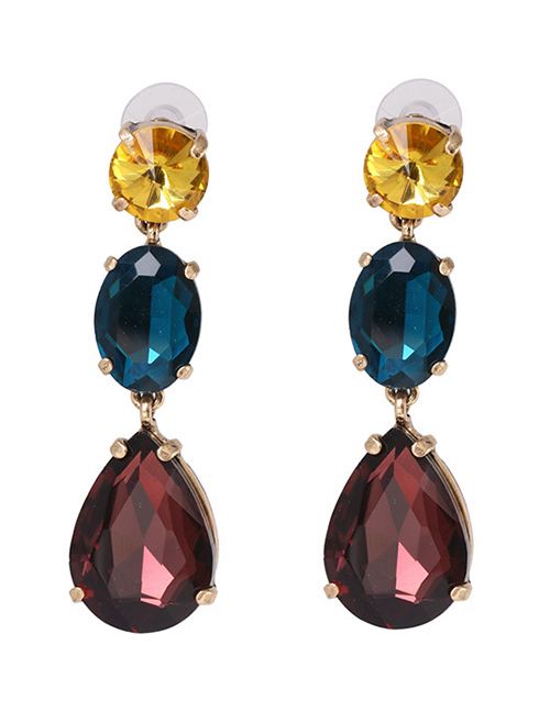 Fashion Dark Red + Blue + Yellow Colorful Diamond Drop Earrings
