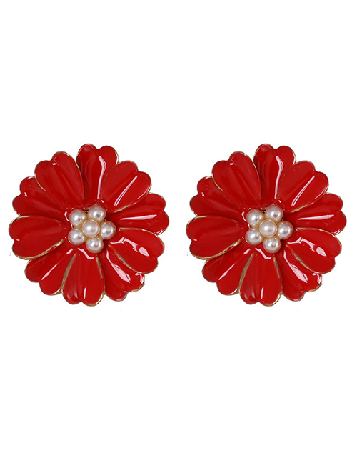 Fashion Red Small Chrysanthemum Color Diamond Drop Oil Pearl Earrings