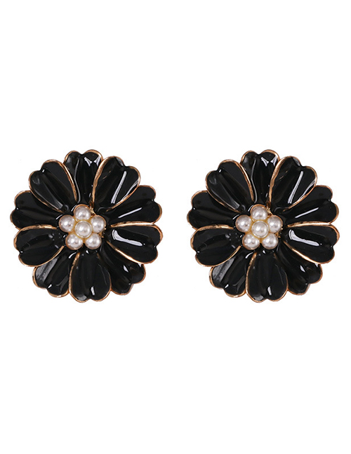 Fashion Black Small Chrysanthemum Color Diamond Drop Oil Pearl Earrings