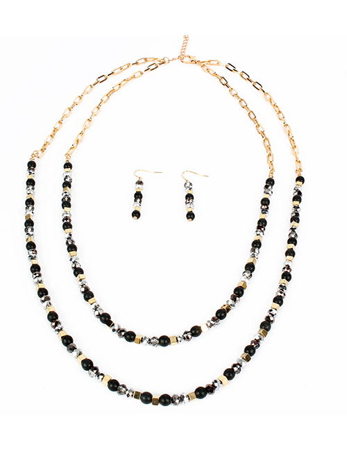 Fashion Black Double-layer Rice Bead Chain Alloy Necklace