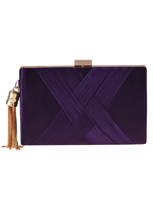 Fashion Dark Purple Pleated Satin Woven Metal Tassel Hand Diagonal Cross Bag