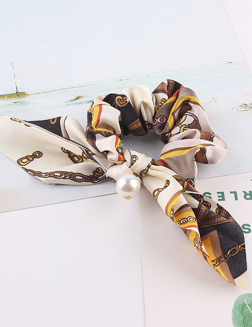 Fashion Chain Pearl Brown Printed Bow Long Ribbon Hair Band