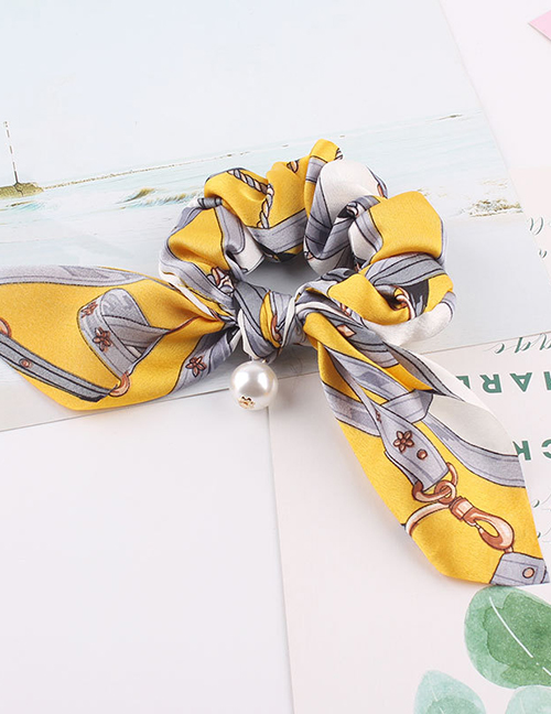 Fashion Chain Pearl Yellow Printed Bow Long Ribbon Hair Band