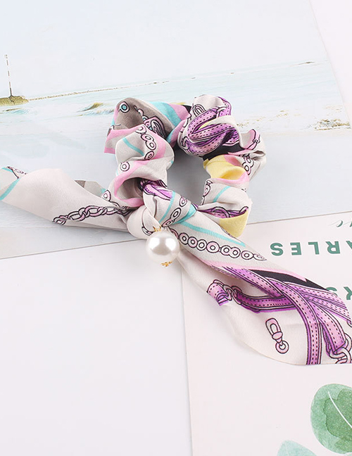 Fashion Chain Pearl Purple Printed Bow Long Ribbon Hair Band
