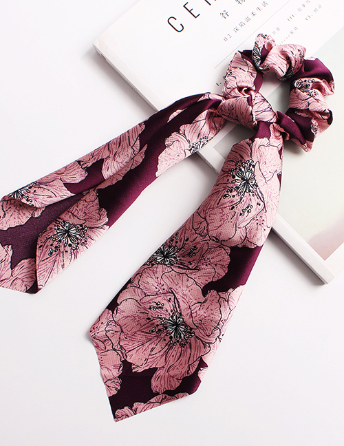 Fashion Flower Ribbon Pink Satin Printed Silk Scarf Large Intestine Hair Ring