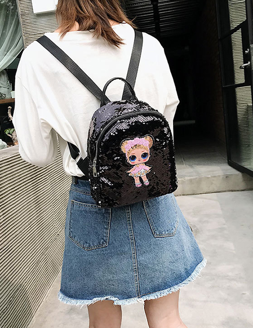 Fashion Small Black Cartoon Girl Sequin Backpack