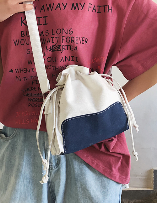 Fashion Blue Canvas Drawstring Stitching Shoulder Diagonal Bag