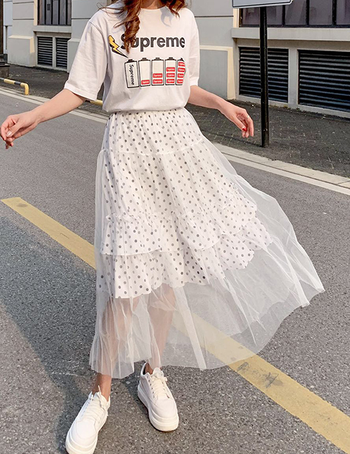 Fashion White Polka Dot Mesh Skirt