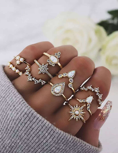 Fashion Gold Star Droplet Diamond Protein Ring Set Of 10